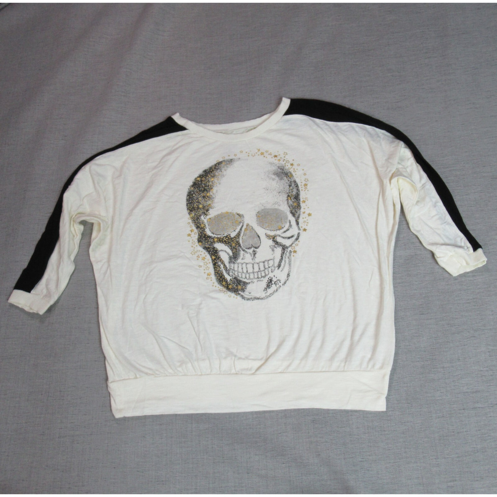 Super Soft by Torrid Top Women Size 00 Beige Black Knit Skull Pullover Goth Punk